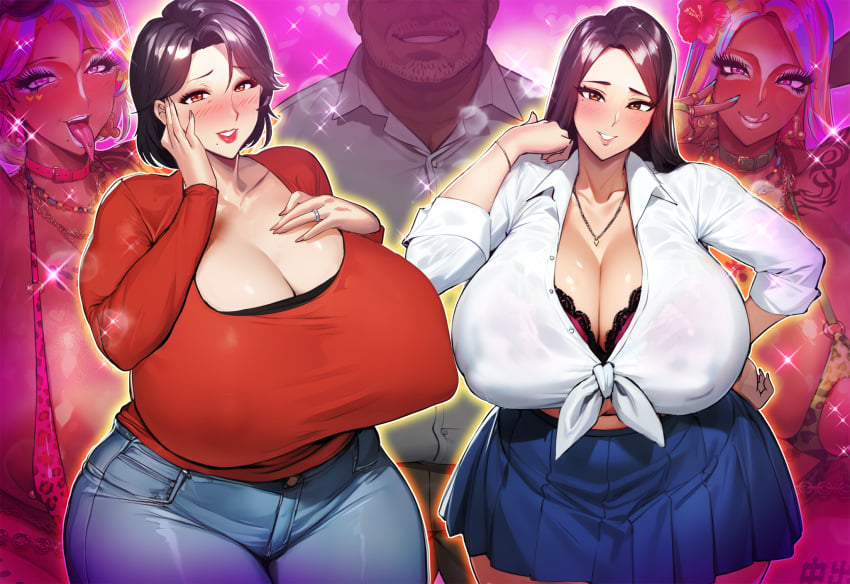 2020s 2023 2d 2d_(artwork) 2girls big_breasts bikini bimbo blush blushing blushing_at_viewer bra breasts_bigger_than_head curvaceous curvy curvy_female curvy_figure female female_only gigantic_breasts hi_res highres huge_breasts jeans kisuu large_breasts looking_at_viewer massive_breasts mature_female milf mole mole_under_mouth oc original original_character original_characters over_480p pov pov_eye_contact school_uniform schoolgirl short_skirt skirt suggestive_look sweater