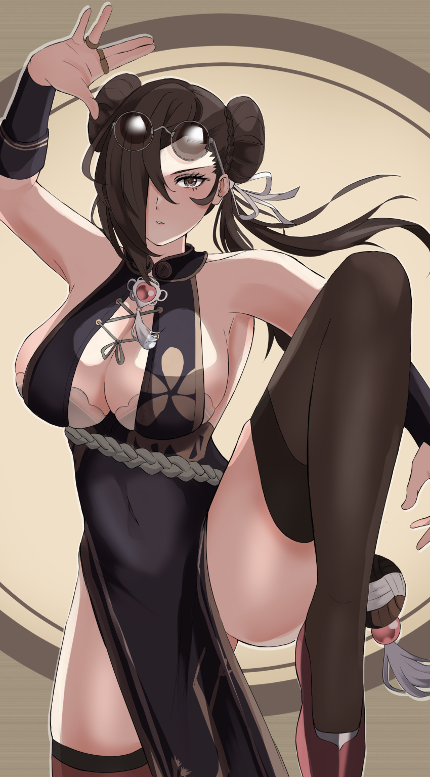 1girls absurdres alternate_costume arm_up armpits azur_lane bangs bare_shoulders black_dress black_thighhighs bra bra_peek braid braided_bun breasts bremerton_(azur_lane)_(cosplay) bremerton_(kung_fu_cruiser)_(azur_lane) bridal_gauntlets brown_bra brown_eyes brown_footwear brown_hair china_dress chinese_clothes cleavage commentary_request commission cosplay cowboy_shot double_bun dress eyewear_on_head female female_only fire_emblem fire_emblem_fates flats hair_between_eyes hair_bun hair_over_one_eye hair_ribbon highres kagero_(fire_emblem) large_breasts long_hair looking_at_viewer nintendo parted_lips partial_commentary peli_cantaro pelvic_curtain ribbon round_eyewear sidelocks skeb_commission skindentation sleeveless sleeveless_dress solo standing standing_on_one_leg strapless strapless_bra thighhighs tinted_eyewear underwear