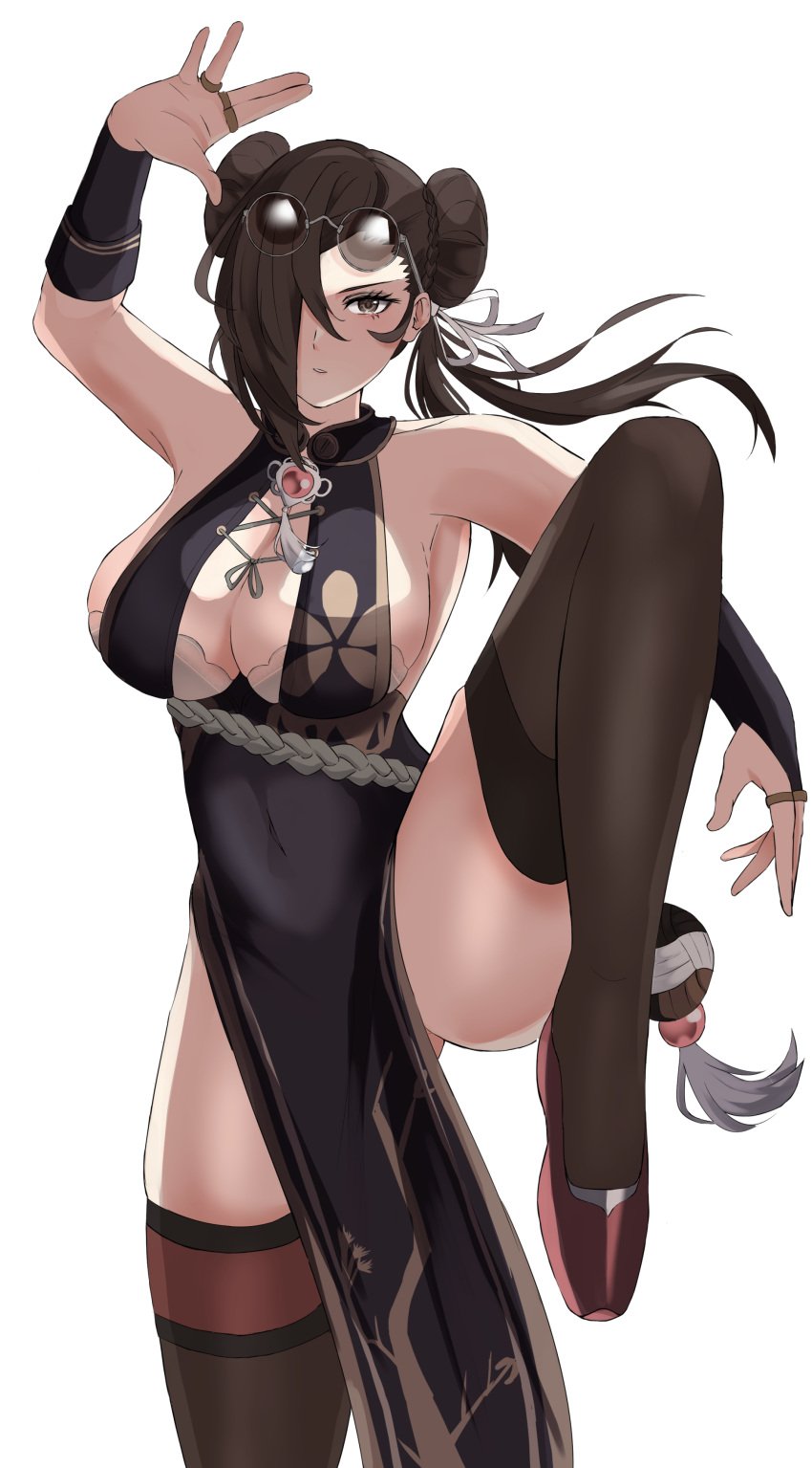 1girls absurdres alternate_costume arm_up armpits azur_lane bangs bare_shoulders black_dress black_thighhighs bra bra_peek braid braided_bun breasts bremerton_(azur_lane)_(cosplay) bremerton_(kung_fu_cruiser)_(azur_lane) bridal_gauntlets brown_bra brown_eyes brown_footwear brown_hair china_dress chinese_clothes cleavage commentary_request commission cosplay cowboy_shot double_bun dress eyewear_on_head female female_only fire_emblem fire_emblem_fates flats hair_between_eyes hair_bun hair_over_one_eye hair_ribbon highres kagero_(fire_emblem) large_breasts long_hair looking_at_viewer nintendo parted_lips partial_commentary peli_cantaro pelvic_curtain ribbon round_eyewear sidelocks skeb_commission skindentation sleeveless sleeveless_dress solo standing standing_on_one_leg strapless strapless_bra thighhighs tinted_eyewear underwear white_background