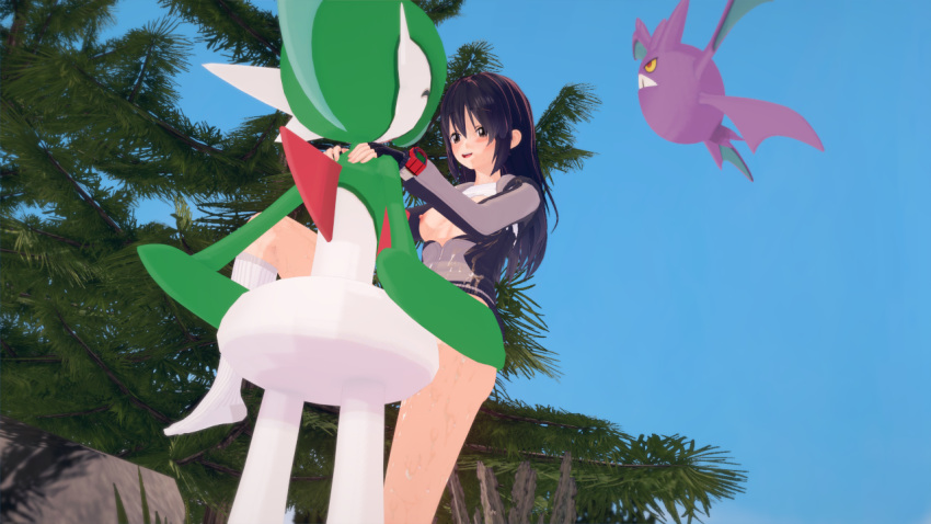 1girls 3d 3d_(artwork) black_hair bra_lift crobat fan_character female_human gallade happy_sex koikatsu light-skinned_female male_pokemon/female_human outdoors partially_clothed pokémon_(species) pokemon pokemon_(species) pokemon_legends:_arceus pokemon_legends_arceus pokemon_trainer pokephilia self_upload sex sexual_intercourse small_breasts standing_sex tagme