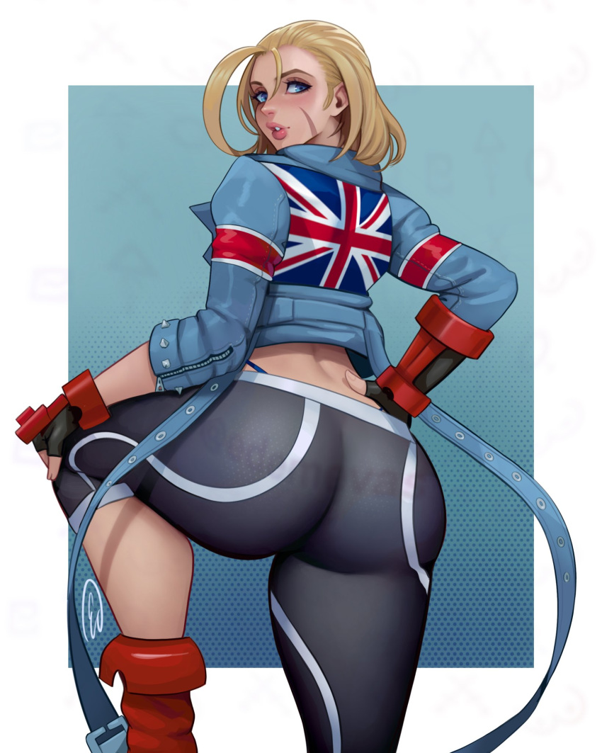 1girls ass blonde_hair blue_eyes cammy_white capcom edemevas female female_only fully_clothed gloves hi_res light-skinned_female light_skin lips looking_back pants scar smile solo street_fighter street_fighter_6 thighs thong yoga_pants