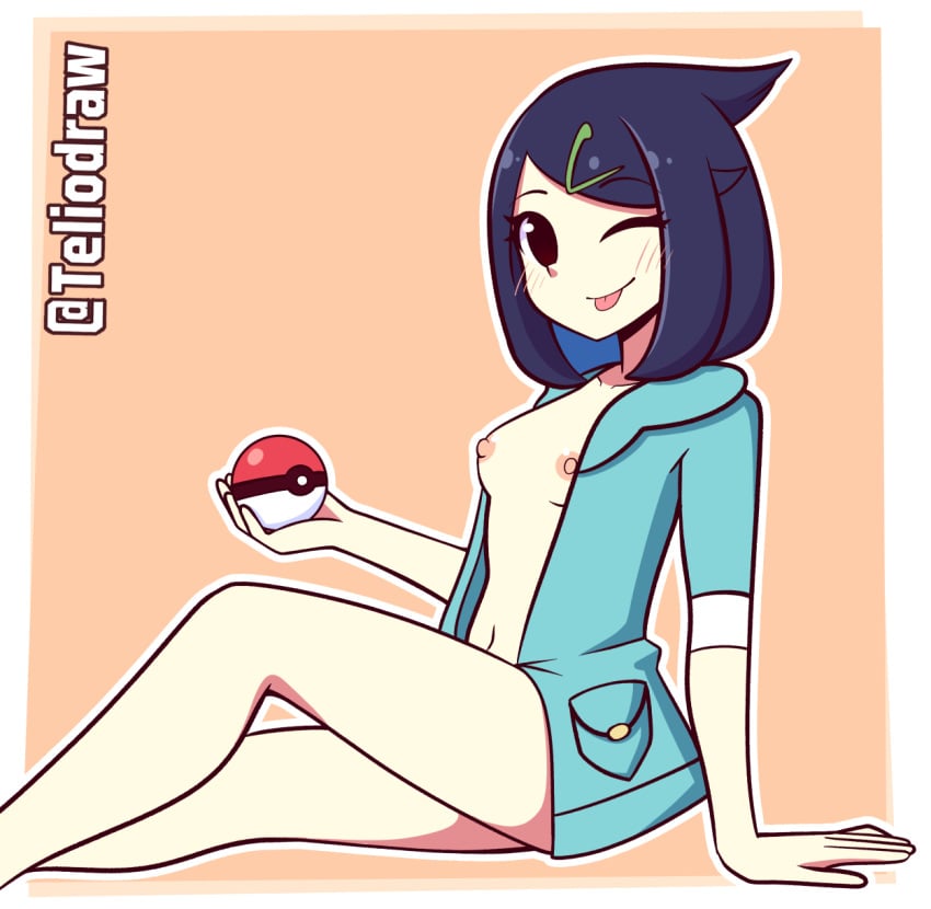 1girls 2023 blue_hair blush breasts female female_only human jacket jacket_only liko_(pokemon) navel nintendo nipples nude nude_female orange_background outerwear pale_skin pokeball pokemon pokemon_(anime) pokemon_horizons small_breasts solo tagme teliodraw tongue tongue_out wink