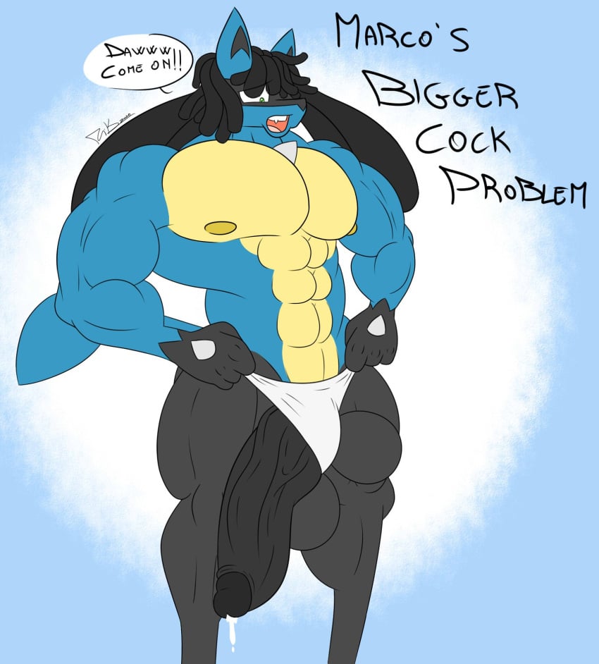 anthro big_penis black_hair blue_body bodily_fluids clothing english_text generation_4_pokemon genital_fluids genitals green_eyes hair hi_res huge_cock lucario male marco_(riku9797) muscular muscular_male nintendo penis pokemon pokemon_(species) precum riku9797 solo spikes text underwear vein veiny_penis