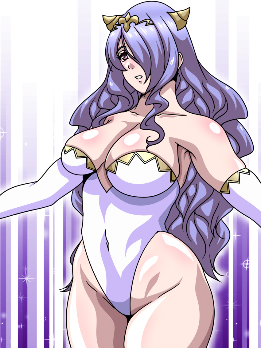 1girls bare_shoulders bare_thighs breasts camilla_(adrift)_(fire_emblem) camilla_(fire_emblem) cleavage elbow_gloves female female_only fire_emblem fire_emblem_fates gloves hair_over_one_eye horns inabakun00 large_breasts leotard long_hair nintendo pink_eyes purple_hair shoulders solo thighs