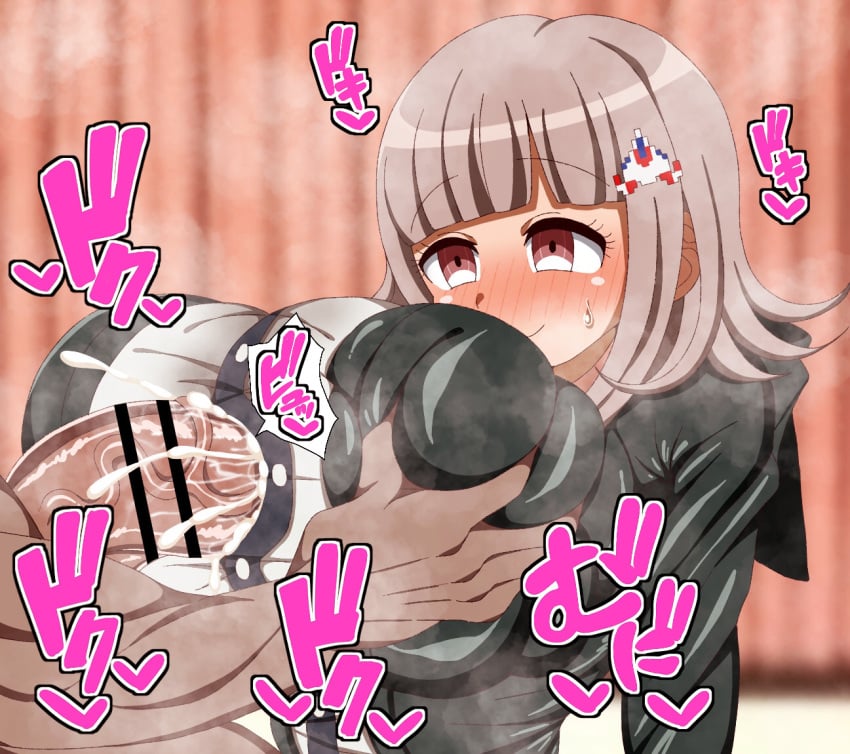 1boy 1girls blush breast_grab breasts cum cum_on_breasts danganronpa gray_hair huge_breasts large_breasts nanami_chiaki paizuri pencil3693 penis short_hair straight_hair titjob unseen_male_face