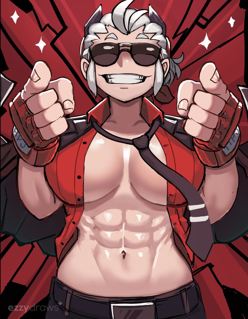 abs ezzydraws fingerless_gloves helltaker justice_(helltaker) large_breasts muscular muscular_female open_shirt solo_female sunglasses tinted_eyewear tomboy