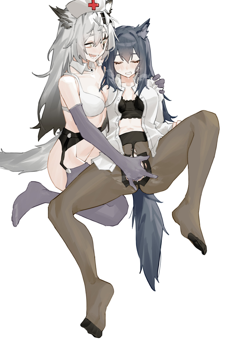 2girls :d absurdres animal_ears arknights ass black_bra black_hair black_pantyhose blush bra breasts cleavage closed_eyes detached_collar elbow_gloves eyes_closed female fingering garter_belt garter_straps gloves grey_eyes grey_gloves grey_hair grey_thighhighs hat highres lappland_(arknights) long_hair multiple_girls navel nurse nurse_cap open_mouth pantyhose renxzd scar simple_background smile spread_legs sweat tail teeth texas_(arknights) thighhighs torn_pantyhose underwear white_background white_bra wolf_ears wolf_tail yuri