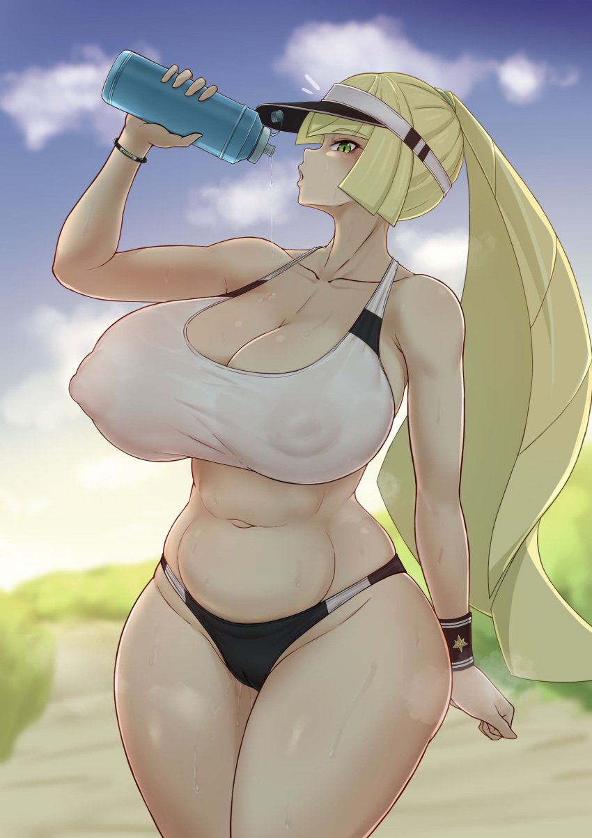 1girls akubishin alternate_body_type alternate_breast_size alternate_version_available areola_bulge areolae armwear big_breasts black_panties blonde_hair bottle bottomwear bracelet cleavage erect_nipples female female_only game_freak green_eyes hair hat headwear holding_bottle holding_object huge_breasts large_breasts lusamine_(pokemon) mature mature_female mature_woman milf mother nipples nipples_visible_through_clothing panties pokemon pokemon_sm ponytail solo solo_female sports_bra sportswear steam steamy steamy_breath sweat sweatdrop thick_thighs thighs topwear visor water_bottle white_sports_bra