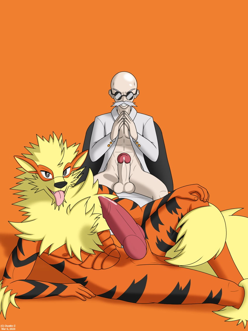 animal_genitalia animal_penis anthro anthrofied arcanine balls blaine_(pokemon) bodily_fluids canid canine canine_genitalia canine_penis canis clothed clothing digital_media_(artwork) domestic_dog duo dustin_c erection fur generation_1_pokemon genital_fluids genitals gym_leader hair hi_res human humanoid_genitalia humanoid_penis katsura_(pokemon) labcoat looking_at_viewer male male/male mammal mustache nintendo nipples nude open_mouth penis pokemon pokemon_(species) simple_background smile tongue topwear windie