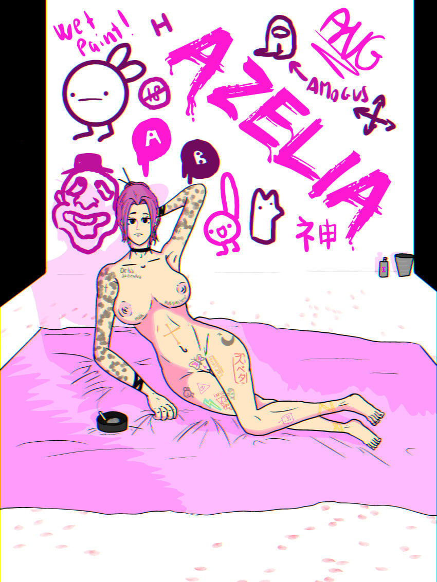 armpits artist_request ashtray blob_creature breasts cigarette female female_focus female_only glitch glitching graffiti human laying_down neckwear nipples not_furry nude_female pink_hair pink_nipples pussy pussy_peek source_request tattoo tattoos vagina