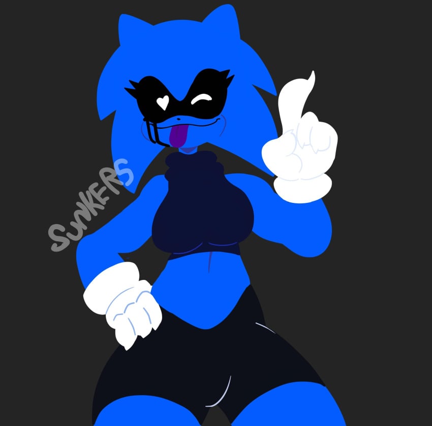 1girls black_eyes black_shorts blue_crop_top fanon friday_night_funkin friday_night_funkin_mod hand_on_hip heart_eyes no_outlines purple_tongue smile sonic.exe sonic.exe_(series) sonic_(series) sonic_the_hedgehog_(series) sunkers tongue_out white_gloves white_pupils