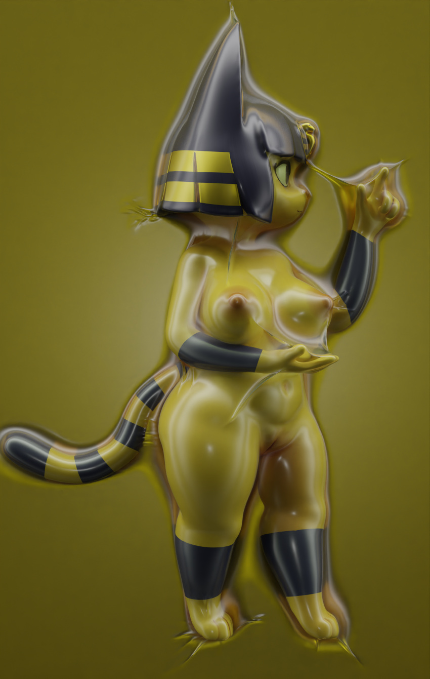 absurd_res animal_crossing ankha ankha_(animal_crossing) anthro blender_(software) bound comorito curvy_figure encasement felid feline female hi_res hieroglyphics latex mammal nintendo png pussy solo vacuum_bed