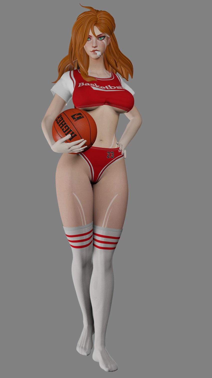 3d basketball basketball_uniform belly belly_button blender desess3intes dota_2 female green_eyes red_hair shorts solo sport sports_uniform sportswear stockings topwear uniform windranger