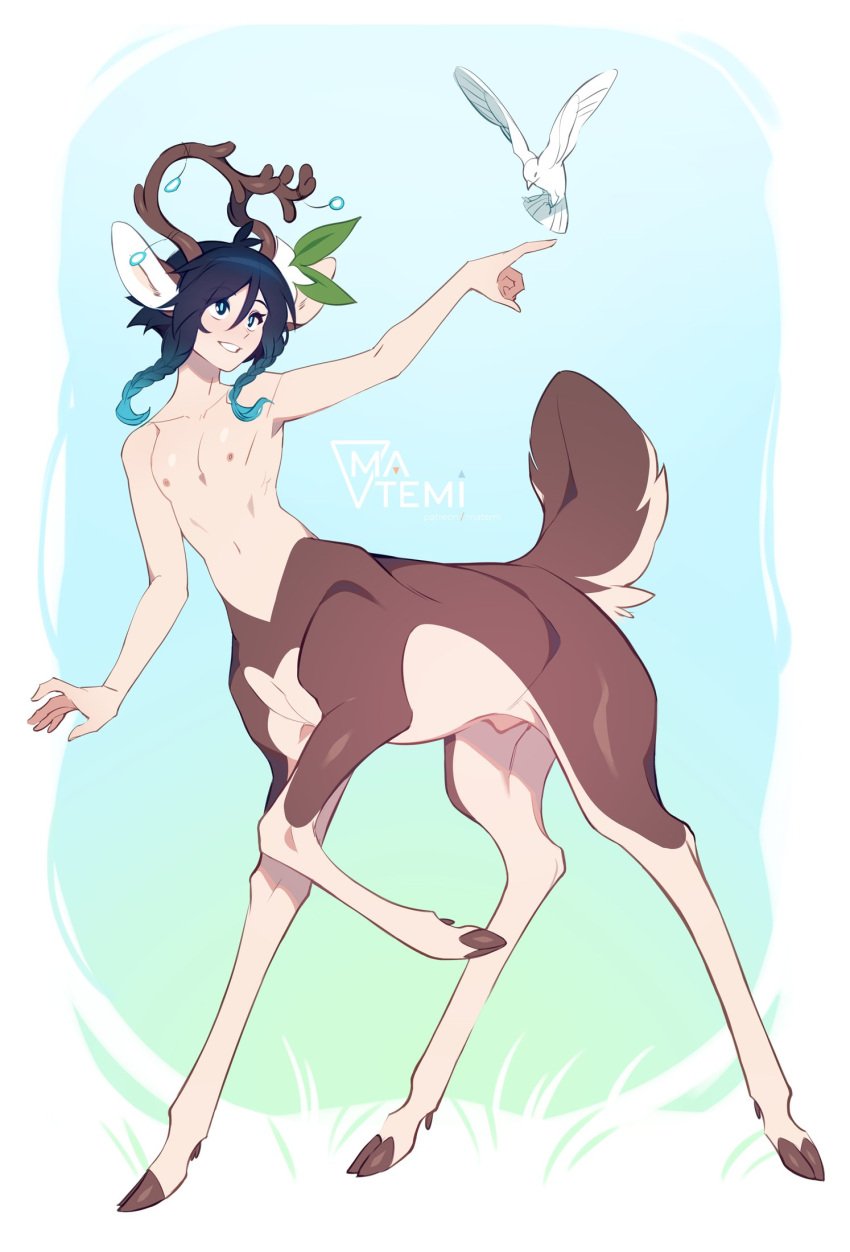 1boy 5_fingers ambiguous_gender animal_genitalia antlers avian bird braided_hair brown_body brown_fur centaur cervitaur countershade_fur countershade_torso countershading deer deer_taur duo femboy feral fingers fur genitals genshin_impact hair hi_res hooves horn male male_only mammal mammal_taur matemi mihoyo quadruped sheath smile solo tail taur venti_(genshin_impact) wings