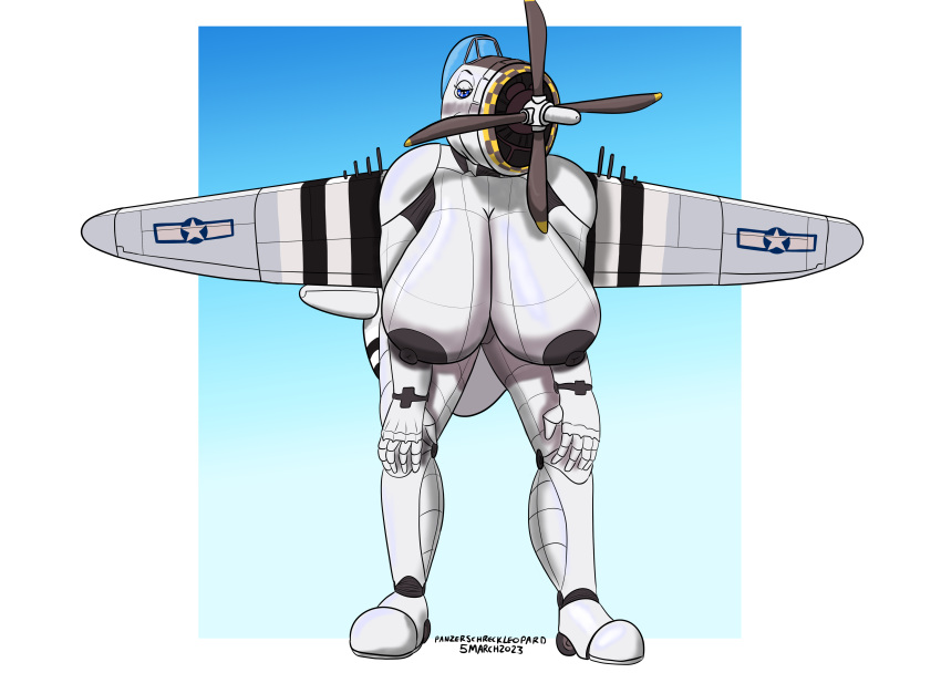 2023 absurd_res aeromorph aircraft airplane anthro big_breasts blue_eyes breasts colored female genitals hands_on_knees hands_on_legs hanging_breasts hi_res huge_breasts leaning leaning_forward living_aircraft living_machine living_vehicle looking_at_viewer machine nipples nude p-47 p-47_thunderbolt panzerschreckleopard pauline_(ndragon3) pussy solo standing vehicle world_war_2