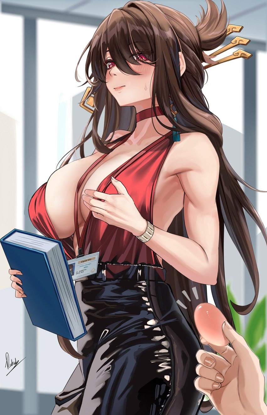 1girls beidou_(genshin_impact) blouse breast_squish breasts brown_hair cleavage female genshin_impact high_resolution huge_breasts light-skinned_female light_skin long_hair name_tag office_lady piukute062 red_eyes ribs sideboob thick_thighs underboob wide_hips