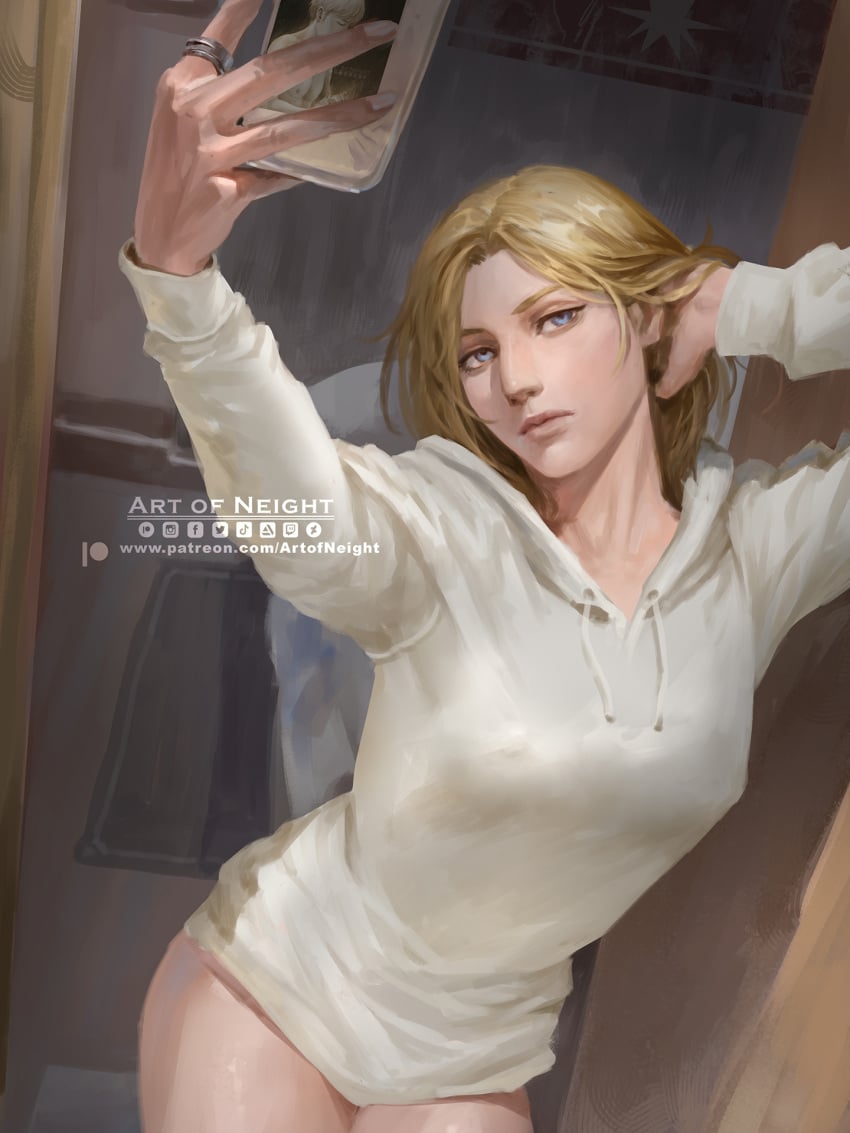 1girls annie_leonhardt armin_arlert attack_on_titan blonde_hair blue_eyes bottomless female female_focus female_only iphone neight selfie shingeki_no_kyojin sweatshirt taking_picture taking_selfie