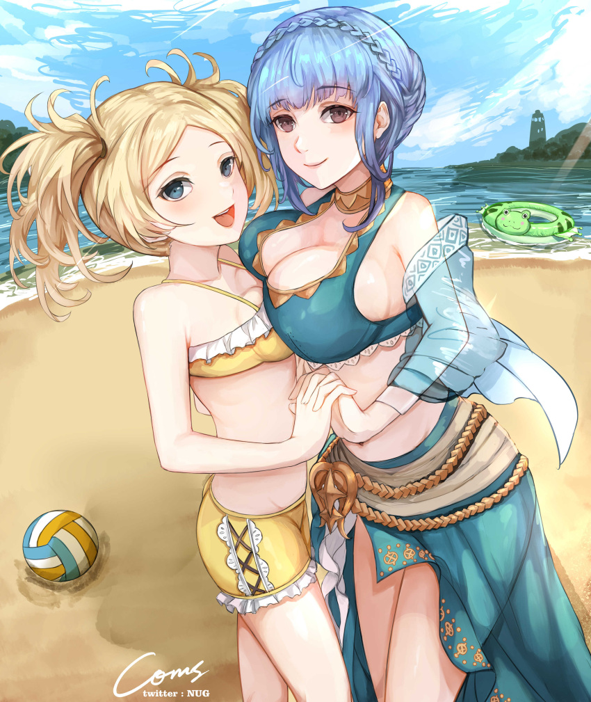 2girls :d absurdres alternate_costume asymmetrical_docking beach bikini blonde_hair blue_bikini blue_eyes blue_hair blue_jacket blue_sky blue_swimsuit braid breast_press breasts brown_eyes cloud commentary commission cowboy_shot crown_braid day female female_only fire_emblem fire_emblem:_three_houses fire_emblem_awakening highres holding_hands innertube jacket large_breasts lissa_(fire_emblem) long_sleeves looking_at_viewer marianne_von_edmund multiple_girls navel nintendo nui_gurumi ocean official_alternate_costume sarong short_hair short_shorts shorts sky small_breasts smile standing stomach swimsuit thighs twintails volleyball water yellow_bikini yellow_shorts yellow_swimsuit