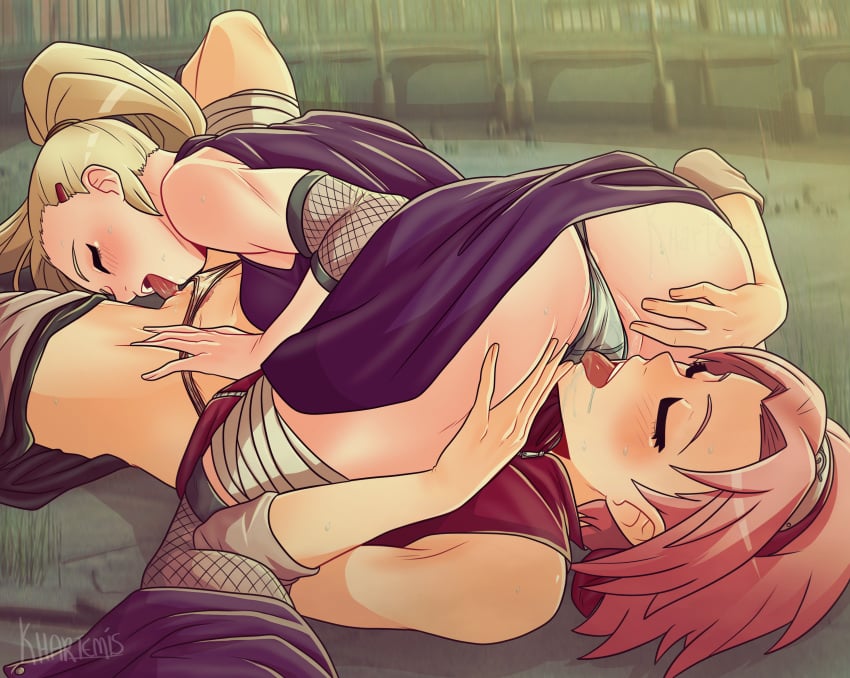 2girls 69 69_position ass blonde_hair breasts clothed_sex cunnilingus cunnilingus_through_clothes elbow_pads female female/female female_only fishnets ino_yamanaka khartemis lesbian_sex licking licking_pussy long_hair multiple_girls mutual_oral mutual_yuri naruto naruto_(series) naruto_shippuden oral oral_sex panties panties_aside pink_hair ponytail sakura_haruno shirt skirt skirt_around_one_leg spread_ass spreading underwear underwear_aside yuri