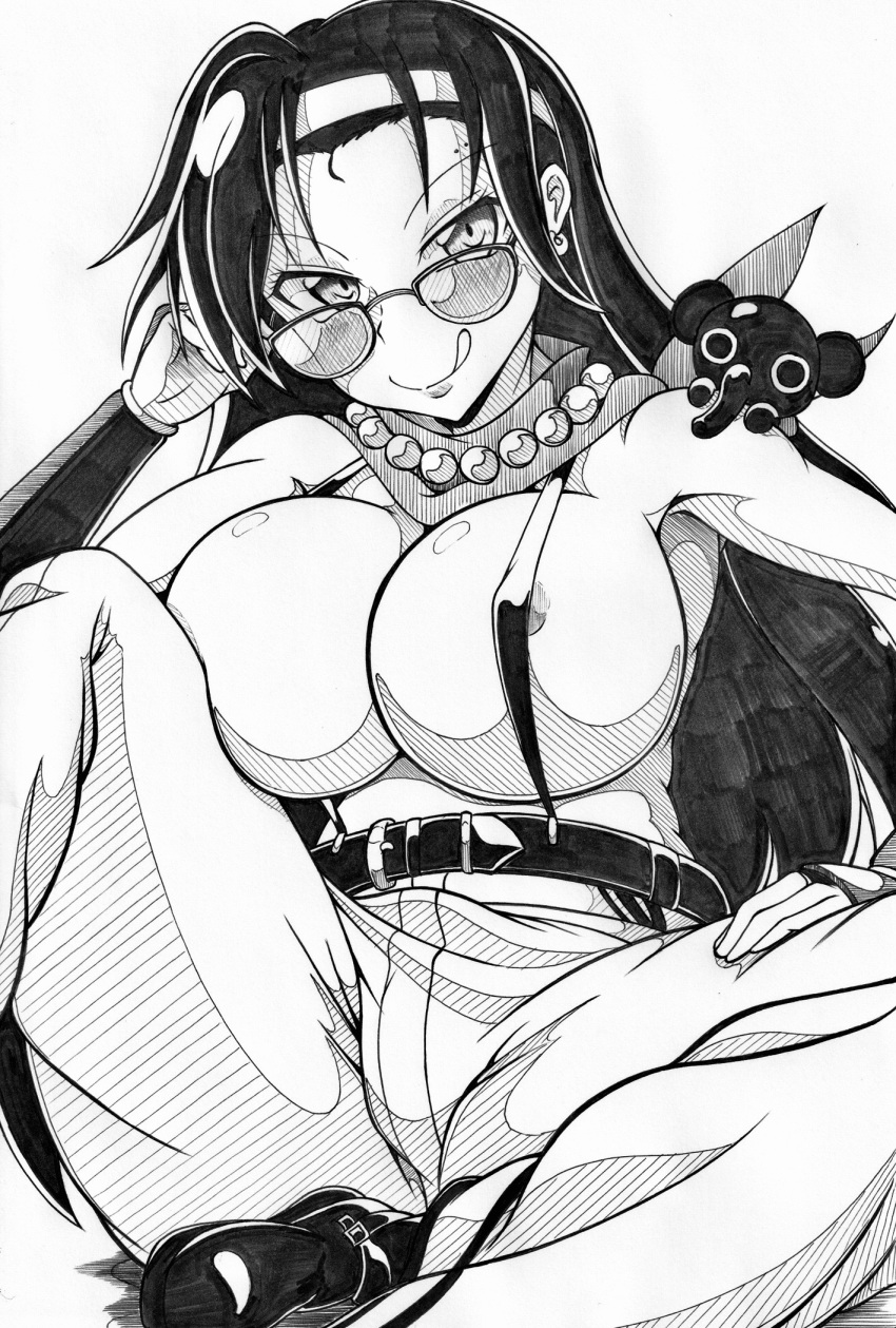 1girls :p areolae black_hair elephant female ha_jin hairband huge_breasts jasmine_(senran_kagura) licking_lips light-skinned_female light_skin looking_over_eyewear looking_over_glasses looking_over_sunglasses monochrome necklace nipple_bulge pants pencil_(artwork) sayuri_(senran_kagura) senran_kagura shoes simple_background sitting sling_bikini smile solo sunglasses tinted_eyewear tongue tongue_out very_long_hair white_background