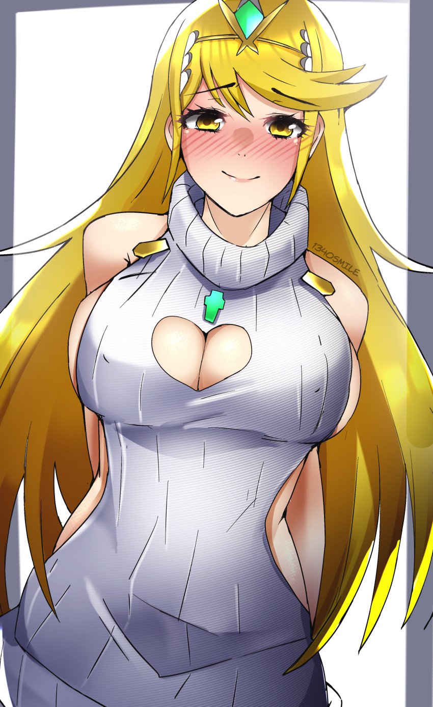 1340smile blonde_hair boob_window breasts core_crystal female female_only looking_at_viewer mythra_(xenoblade) nintendo solo sweater_dress tagme xenoblade_(series) xenoblade_chronicles_2 yellow_eyes