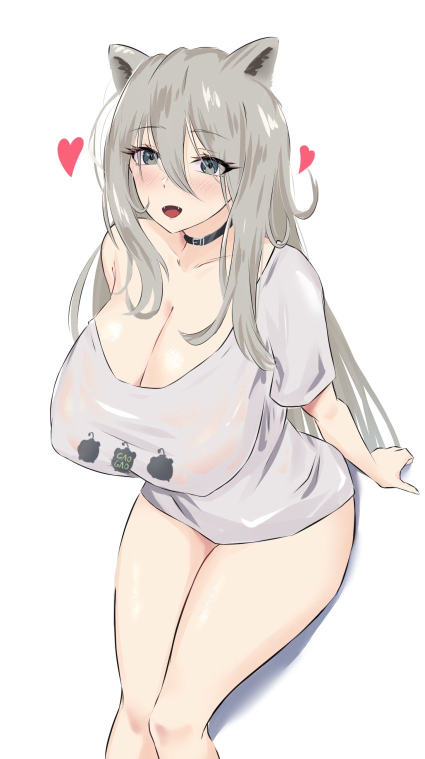 1girls 2020s 2022 alternate_version_available big_breasts blush breasts choker eyebrows_visible_through_hair eyelashes fan_mascot_(vtuber) grey_eyes hololive hololive_gen_5 hololive_japan lion_ears long_hair long_shirt no_bra rika_(akarika057) see-through shirt shirt_dress shirt_only shishiro_botan ssrb tagme virtual_youtuber wet_shirt white_shirt