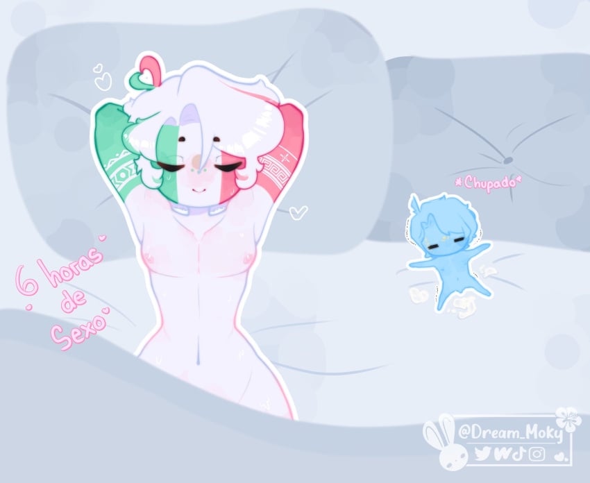 2boys 6_hours_of_sex bed blush countryhumans curvy dream_moky flat_chest kazakhstan_(countryhumans) mexico_(countryhumans) smaller_male spanish_text tagme text