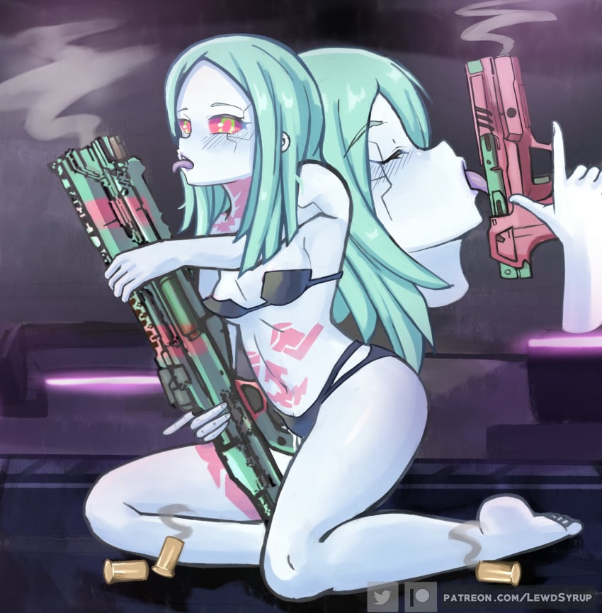 1girls blue_background blue_body blush closed_eyes clothes clothing cybernetics cyberpunk:_edgerunners cyborg detailed_background female female_only firearm flat_chest flat_chested green_eyes green_hair gun handgun hd hi_res human humping lewdsyrup licking light-skinned_female light_skin long_hair on_stage open_mouth pale_skin rebecca_(edgerunners) shotgun sitting small_breasts smoke solo solo_focus straight tattoo thick_thighs tongue tongue_out watermark weapon