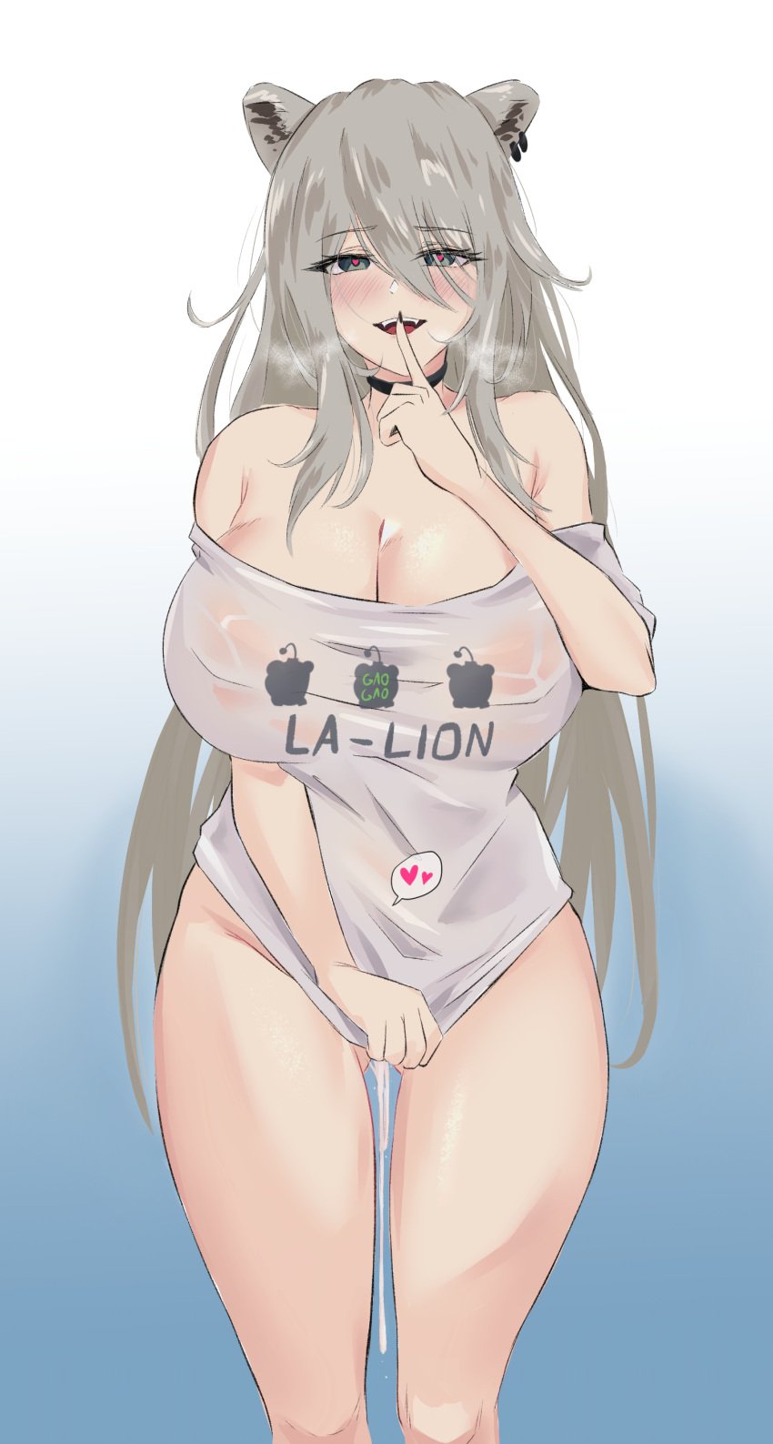 1girls 2020s 2022 alternate_version_available big_breasts blush breasts choker eyebrows_visible_through_hair eyelashes fan_mascot_(vtuber) gradient_background grey_eyes heart-shaped_pupils hololive hololive_gen_5 hololive_japan horny in_heat lion_ears long_hair long_shirt looking_at_viewer no_bra pussy_juice pussy_juice_drip pussy_juice_trail rika_(akarika057) see-through shh shirt shirt_dress shirt_only shishiro_botan simple_background ssrb standing virtual_youtuber wet wet_pussy white_shirt