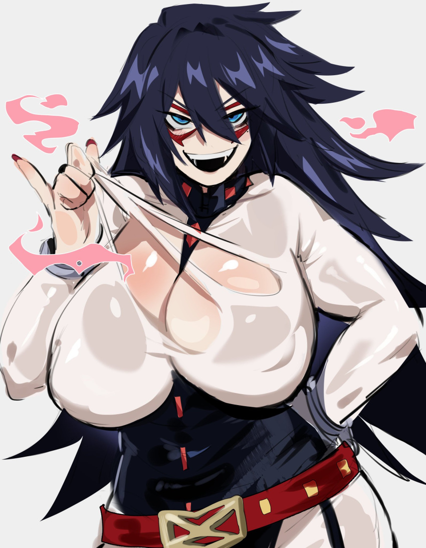 1girls big_breasts blue_eyes breasts female female_only grin hero_outfit_(mha) kurenaiz1 light-skinned_female light_skin midnight_(my_hero_academia) my_hero_academia nemuri_kayama ripping_bodysuit ripping_clothing smile solo