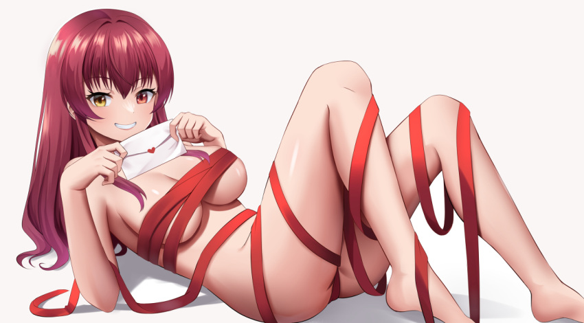 2023 absurdres bigger_version_at_the_source breasts cleavage envelope female grin hair_down heterochromia highres holding holding_envelope hololive hololive_fantasy hololive_japan houshou_marine knees_up large_breasts long_hair looking_at_viewer lying naked_ribbon on_back red_eye red_hair red_ribbon ribbon sei_joshikou simple_background smile solo source_larger thighs valentine virtual_youtuber white_background yellow_eye