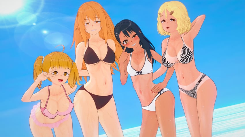 3d 4girls armpits beach big_breasts bikini black_hair blonde_hair blush breasts brown_eyes casual cleavage clothed clothing curvy donohater female female_focus female_only full_color gamo-chan ginger hayase_nagatoro koikatsu long_hair medium_hair multiple_girls no_penetration no_sex open_mouth orange_eyes orange_hair please_don't_bully_me,_nagatoro revealing_clothes sakura_(nagatoro) summer tan tan_skin tanline tanned wide_hips yoshi_(nagatoro)