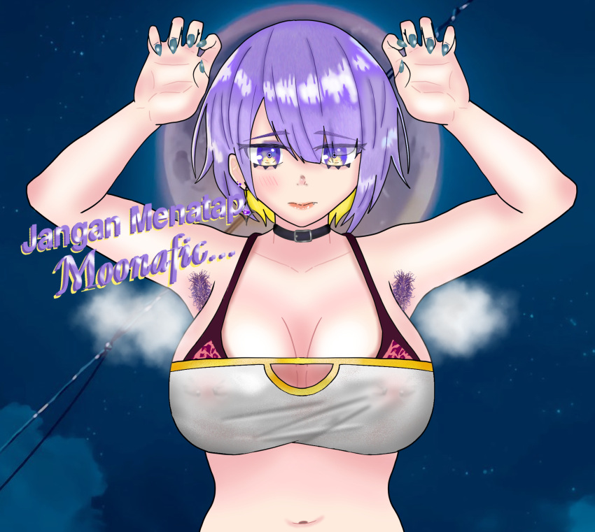 1girls alternate_hairstyle armpit_hair arms_up bangs bellybutton bikini bikini_under_clothes black_choker blush choker claw_pose closed_mouth earrings eddarxart eyebrows fangs female hololive hololive_indonesia hololive_indonesia_area_15 indonesian_text large_breasts moon moona_hoshinova moonlight nipple_piercing nipples_visible_through_clothing official_alternate_hairstyle painted_nails parted_bangs purple_armpit_hair purple_eyes purple_hair short_hair solo solo_female steaming_body straight-on streamer text tube_top tubetop two_tone_hair virtual_youtuber vtuber