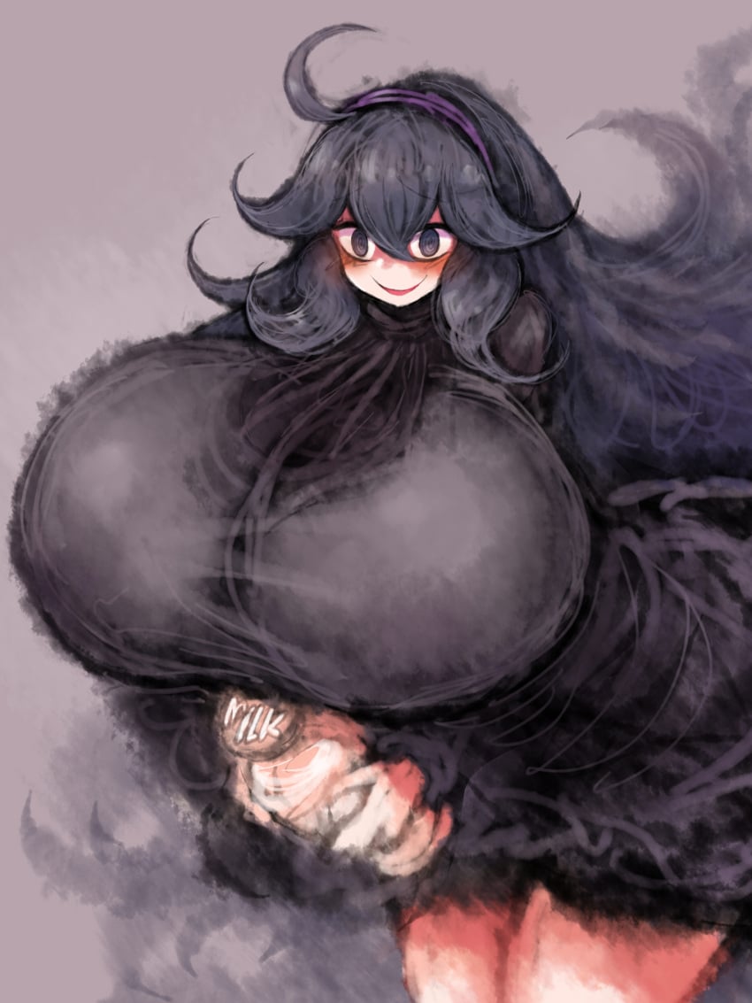 1girls 2b213 ahoge black_dress black_hair clothed creepy_smile dress drink female female_only hairband hex_maniac huge_breasts large_breasts leaning_forward long_hair milk nintendo pokemon simple_background smile solo standing sweater_puppies