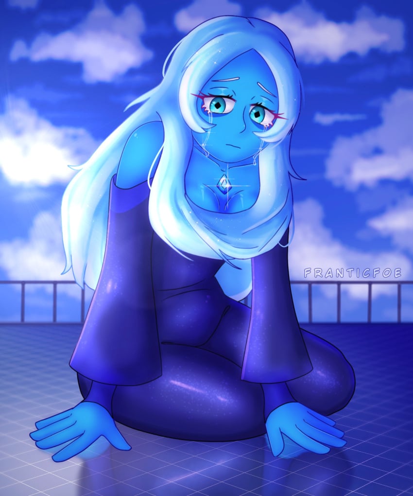 alien alien_girl blue_diamond_(steven_universe) blue_skin breasts cartoon_network cleavage clothed crying crying_with_eyes_open diamond_authority franticfoe_(artist) gem_(species) giant giantess macro macro_female safe safe_for_work scenery shiny_clothes steven_universe steven_universe_future thick_legs thick_thighs thighs tight_clothing tummy