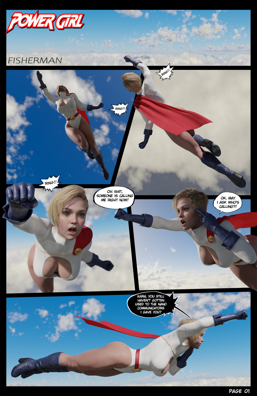 3d belt big_ass big_breasts big_butt blender blonde_female blonde_hair blue_boots blue_gloves blue_hair boots cape comic comic_page comics dc dc_comics english_text fisherman flying gloves kara_zor-el karen_starr leotard light-skinned_female light_skin page_1 power_girl red_belt red_cape short_hair speech_bubble speech_bubbles text watermark white_leotard