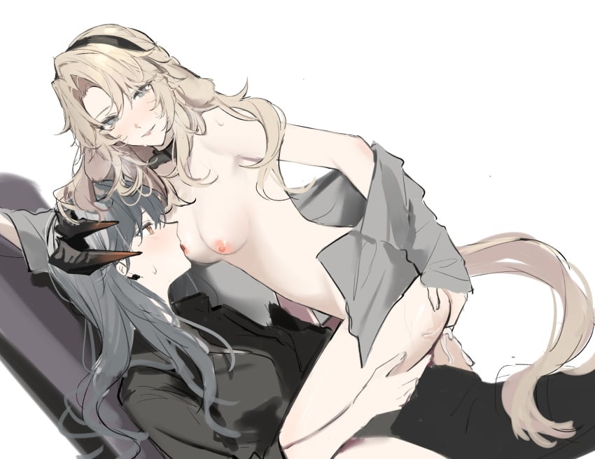 1futa 1girls animal_ears arknights black_pants black_shirt blonde_hair blush breast_sucking breasts clothed_female_nude_female cowgirl_position cum dog_ears dog_girl dog_tail dragon_girl dragon_horns duo earclip erection female floppy_ears futa_on_female futa_with_female futanari grey_eyes grey_hair highres horns human humanoid joshua_(shisanli934) kristen_(arknights) light-skinned_female light-skinned_futanari light_skin long_hair looking_at_viewer medium_breasts multiple_girls naked_shirt nipples nude open_clothes open_shirt pants penis reclining saria_(arknights) sex shirt simple_background straddling tail white_background