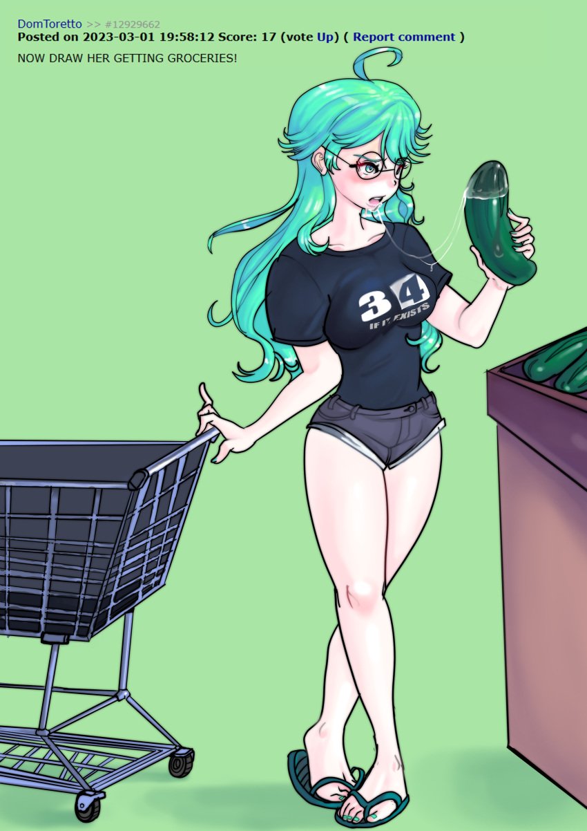 1female 1girl 1girls ahoge cucumber cyan_nails female female_only fingernails flip_flops glasses green_hair groceries mr.sir_69 nail_polish round_glasses rule_34-tan rule_34_(booru) rule_34_comment saliva saliva_on_dildo saliva_string saliva_trail sandals self_upload shirt shopping shopping_cart short_shorts site-tan solo solo_female tagme toenail_polish toenails vegetable vegetable_dildo