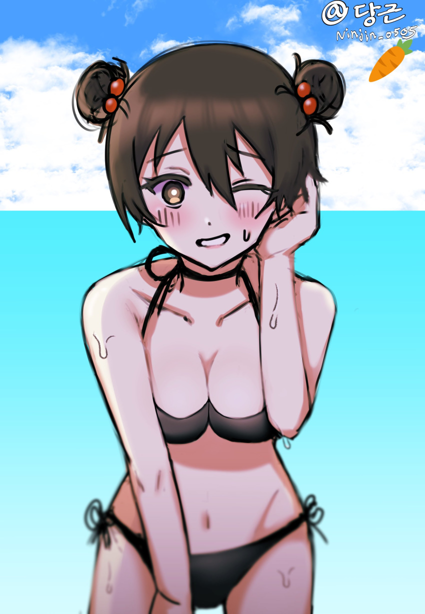 beach bikini blush brown_eyes brown_hair canon_genderswap choker cleavage dark_brown_hair double_bun female female_only genderswap_(mtf) gintama looking_at_viewer medium_breasts ninjin_0505 rule_63 side-tie_bikini smile solo swimsuit wet_skin wink yamazaki_sagaru yamazaki_shisako