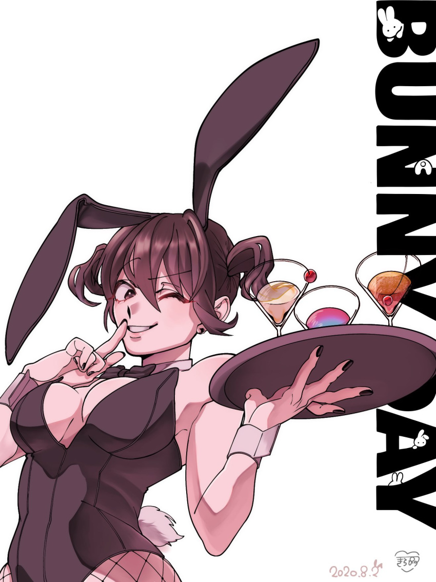 alcohol alternate_costume black_nails bowtie brown_hair bunny_ears bunny_girl bunny_tail bunnysuit canon_genderswap dark_brown_hair dark_hair detached_collar female female_only finger_to_mouth fishnets genderswap_(mtf) gintama kirapisu looking_at_viewer medium_breasts nail_polish playboy_bunny rule_63 smile solo text tray twintails underboob waitress wine_glass wink wrist_cuffs yamazaki_sagaru yamazaki_shisako