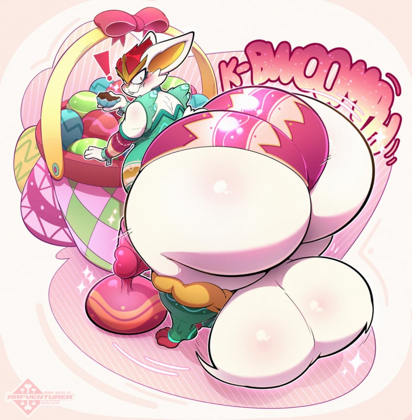 arfventurer ass ass_expansion balls basket big_balls big_butt blush cinderace clothing condom container easter easter_basket easter_egg eating embarrassed expansion filled_condom fur furry furry_only generation_8_pokemon genitals hi_res holidays huge_balls huge_butt humanoid hyper hyper_balls hyper_butt hyper_genitalia looking_at_butt male micro nintendo non-human pokemon pokemon_(species) sexual_barrier_device shrinking size_transformation solo tight_clothing transformation white_body white_fur