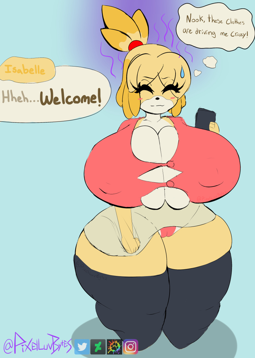 animal_crossing animal_crossing_new_horizons animal_crossing_new_leaf anthro big_ass big_breasts big_butt breasts bursting_breasts canine cleavage dress_shirt exposed_breasts exposed_pussy furry hourglass_figure huge_ass huge_breasts hyper isabelle_(animal_crossing) nervous nervous_smile nintendo nipple_bulge nipples nipples_visible_through_clothing panties pixelluvbytez ponytail shortstack skirt skirt_lift skirt_pull skirt_up small_clothes solo solo_female solo_focus sweatdrop thick thick_ass thick_thighs tight_clothing wide_hips yellow_body yellow_fur yellow_hair yellow_skin