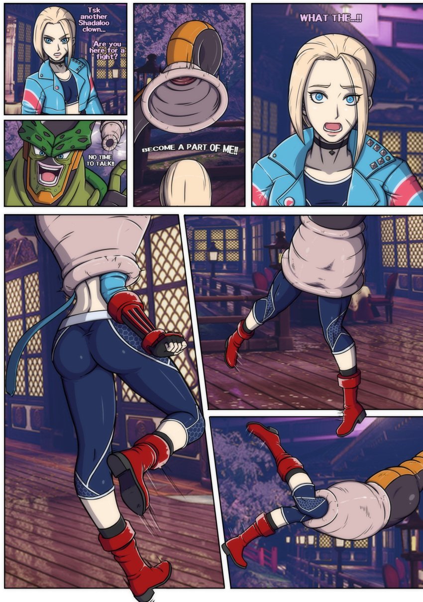 absorption absorption_vore ass ass_focus big_ass blonde_hair blue_eyes boots bubble_ass bubble_butt cammy_white cell_(dragon_ball) cell_vore cougar defeated defeated_heroine dragon_ball dragon_ball_z forced fully_clothed gauntlets hourglass_figure monster semi-perfect_cell short_hair spandex street_fighter street_fighter_6 vore yugerov