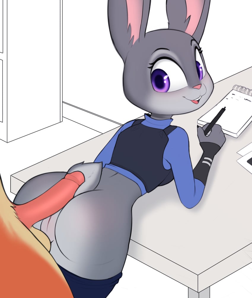 2023 anthro ass balls bottomwear bottomwear_down canid canine clothed clothing disney duo erection female fox fur furniture genitals grey_body grey_fur hi_res hot_dogging humanoid_genitalia humanoid_penis judy_hopps kobradraws lagomorph leporid looking_back male male/female mammal nick_wilde notebook open_mouth pants pants_down partially_clothed pen penis pink_nose police_uniform purple_eyes pussy rabbit red_fox smile table tail teeth tongue uniform zootopia