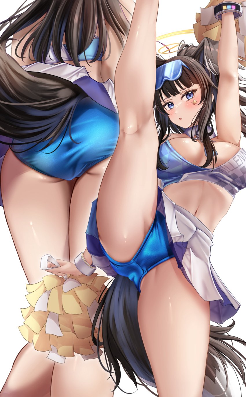 1girls blue_archive blue_panties cheerleader dog_ears dog_girl dog_tail fukuda_shuushi hibiki_(blue_archive) hibiki_(cheerleader)_(blue_archive) one_leg_up panties satin satin_panties skirt tagme thighs underwear