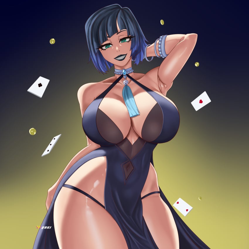 1girls armpits breasts dress female female_only genshin_impact playing_card short_hair smile solo yaki_chun yelan_(genshin_impact) zxchy