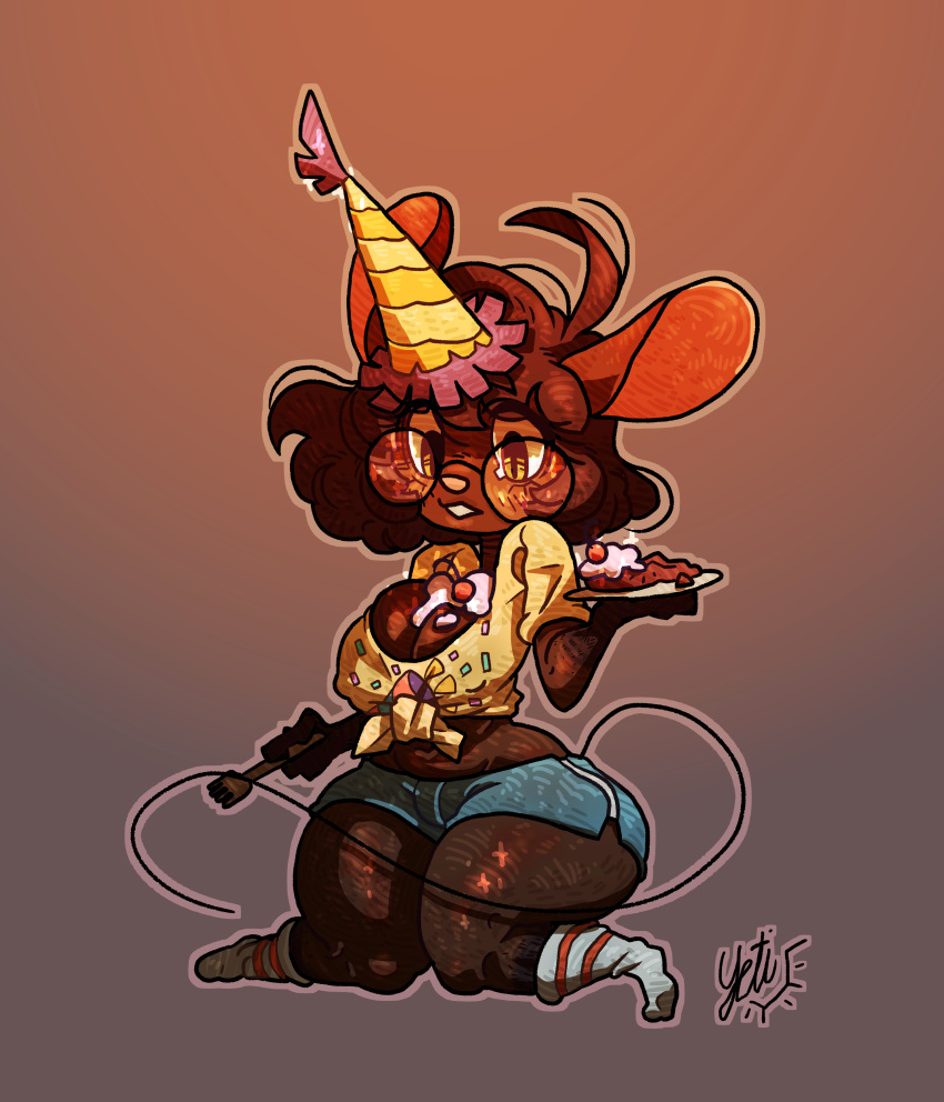 bayett90 big_breasts brown_fur cake fanart female female_only food_on_body furry glasses gwen_martin kneeling mouse mouse_ears mouse_girl mouse_tail party_hat short_skirt thick_thighs