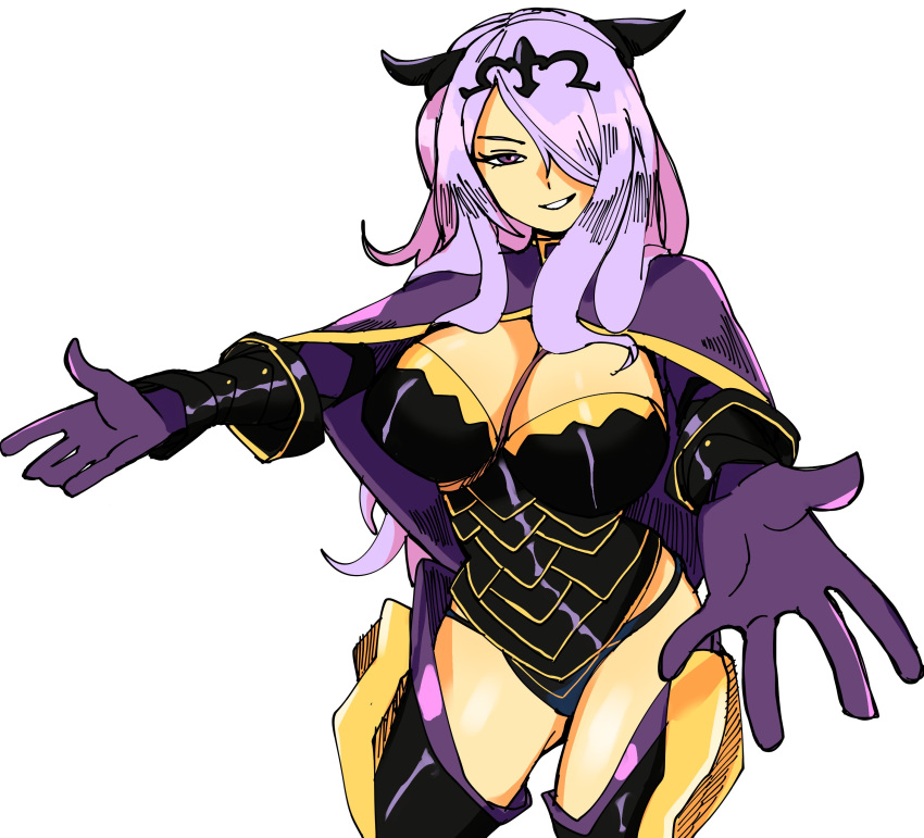 1girls 3amsoda armor ass_visible_through_thighs bare_thighs black_panties breasts busty camilla_(fire_emblem) cleavage female female_only fire_emblem fire_emblem_fates hair_over_one_eye highres incoming_hug inner_thighs inviting large_breasts legs long_hair looking_at_viewer nintendo outstretched_arms panties purple_eyes purple_hair smile solo thighs underwear