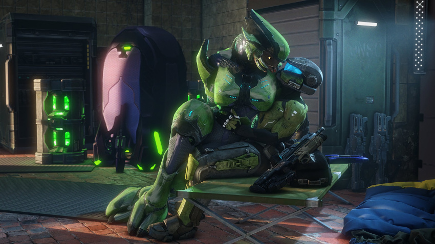 343_industries 3d alien alien_girl anthro armor athletic athletic_female complex_background female female_sangheili game_screenshot gray_background green_armor halo_(game) halo_(series) hand_on_stomach hi_res highres human lanhar_vids larger_female looking_at_partner male microsoft on_model rookie425 sangheili solo techsuit