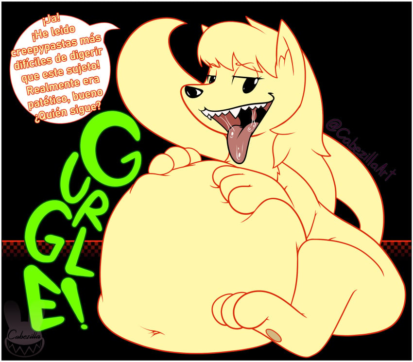 belly cabezilla digestion digestion_noises holding_belly large_belly loquendo narrowed_eyes ninetales open_mouth pokemon redbromer redbromer_td sitting smile spanish_text tagme tail vore watering yellow_fur